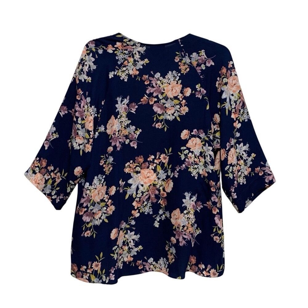 Cameo Kimono Open Front Womens Size 1X Navy Blue Floral 3/4 Sleeve Semi-Sheer - Picture 4 of 11